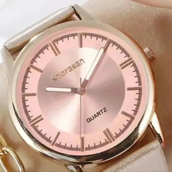 1pc Golden Leather Strap Quartz Watch +1pc Faux Pearl Heart Love Alloy Bracelet - Picture 2 of 4